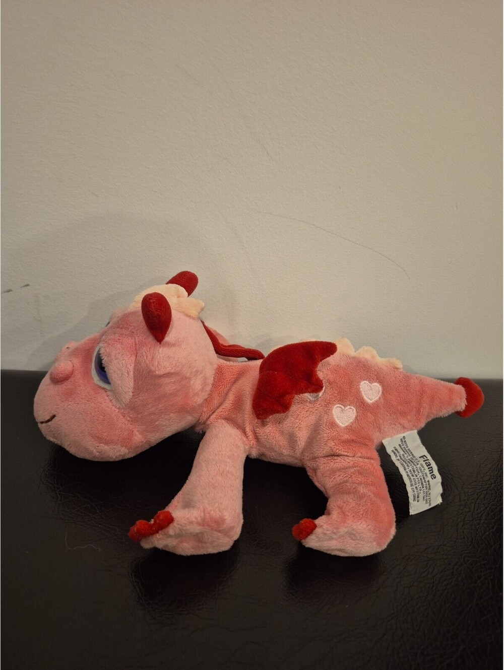Russ Berrie Plush Toy 85081 - “FLAME” 13” Pink Dragon W/ Purple Eyes Hearts